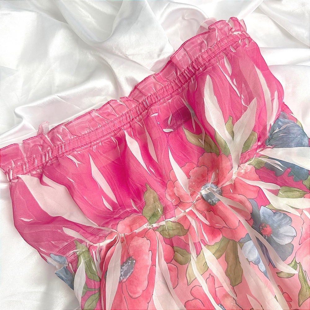 White Moon Pink Floral Chiffon Strapless Handkerchief Hem Tube Top Smocked Trim